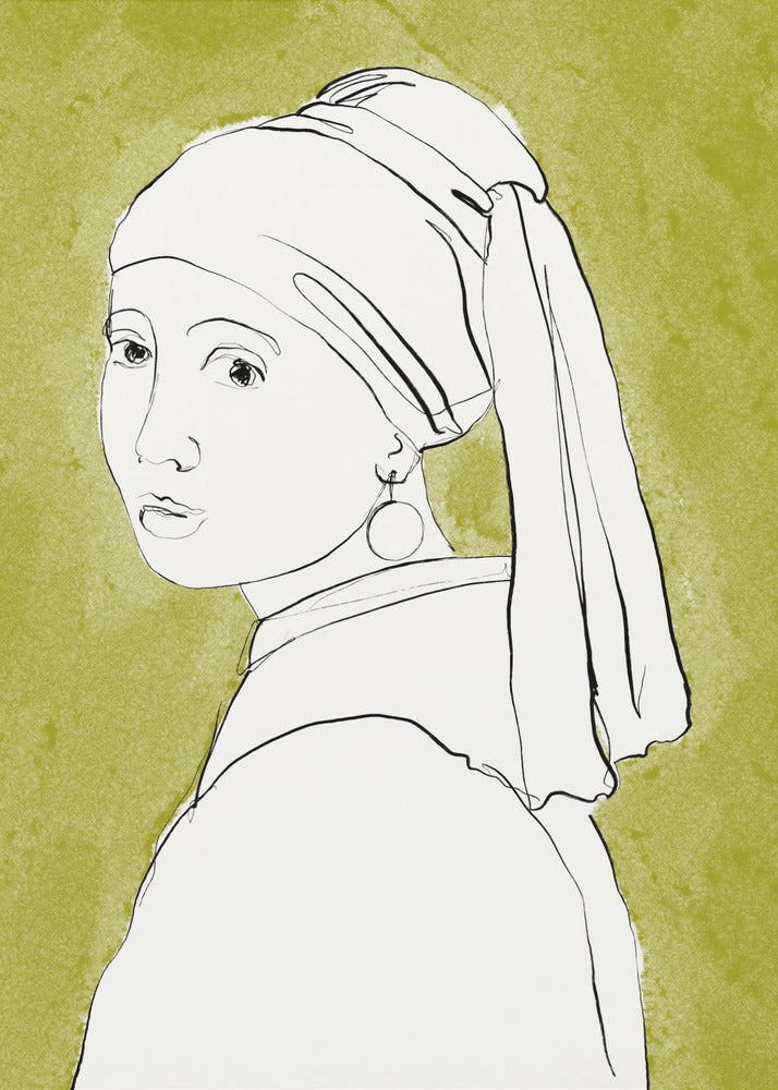 A minimalist line art interpretation of Vermeer's 'Girl with a Pearl Earring'. The portrait is rendered in simple black outlines on a white base, set against a textured olive green background and framed in black. Print