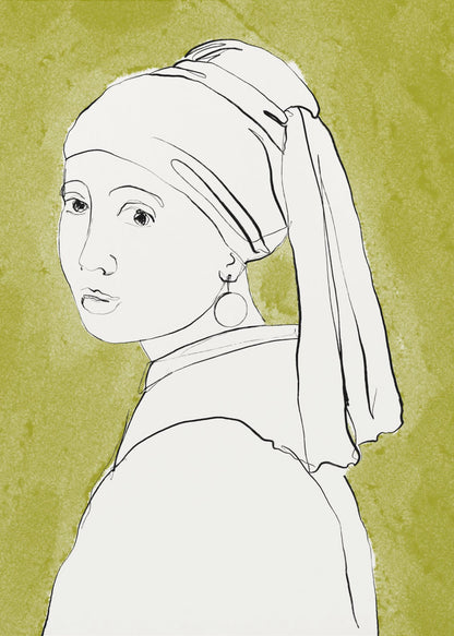 A minimalist line art interpretation of Vermeer's 'Girl with a Pearl Earring'. The portrait is rendered in simple black outlines on a white base, set against a textured olive green background and framed in black. Print