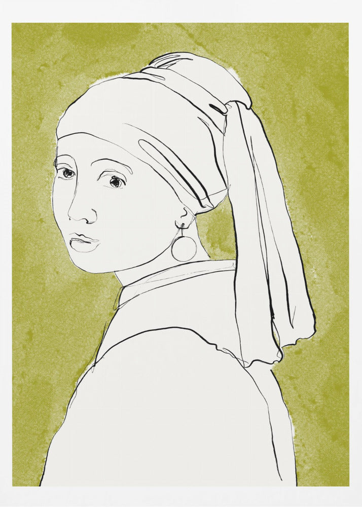A minimalist line art interpretation of Vermeer's 'Girl with a Pearl Earring'. The portrait is rendered in simple black outlines on a white base, set against a textured olive green background and framed in black. Print