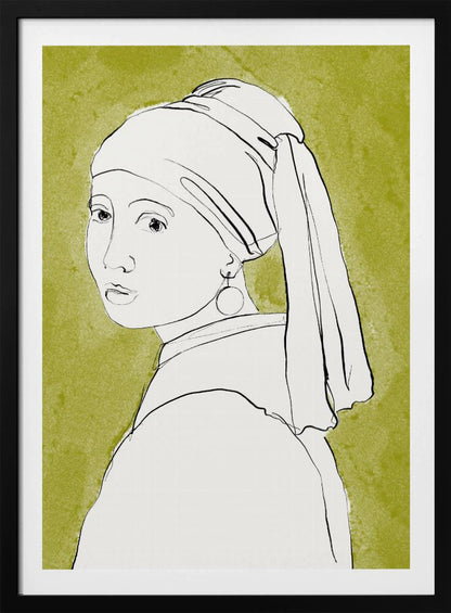 A minimalist line art interpretation of Vermeer's 'Girl with a Pearl Earring'. The portrait is rendered in simple black outlines on a white base, set against a textured olive green background and framed in black. Print