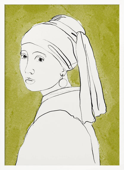 A minimalist line art interpretation of Vermeer's 'Girl with a Pearl Earring'. The portrait is rendered in simple black outlines on a white base, set against a textured olive green background and framed in black. Print