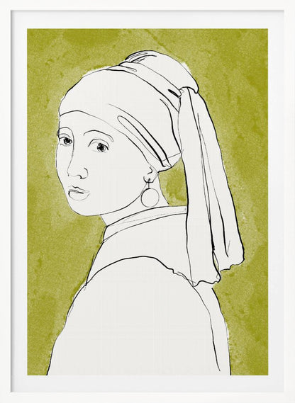 A minimalist line art interpretation of Vermeer's 'Girl with a Pearl Earring'. The portrait is rendered in simple black outlines on a white base, set against a textured olive green background and framed in black. Print