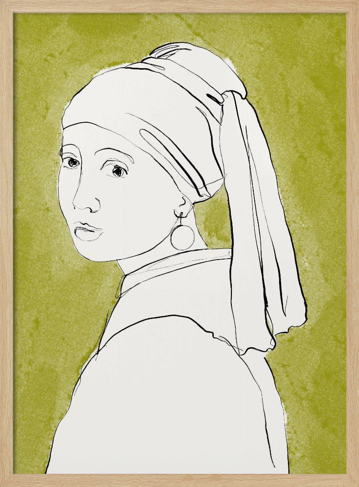 A minimalist line art interpretation of Vermeer's 'Girl with a Pearl Earring'. The portrait is rendered in simple black outlines on a white base, set against a textured olive green background and framed in black. Print