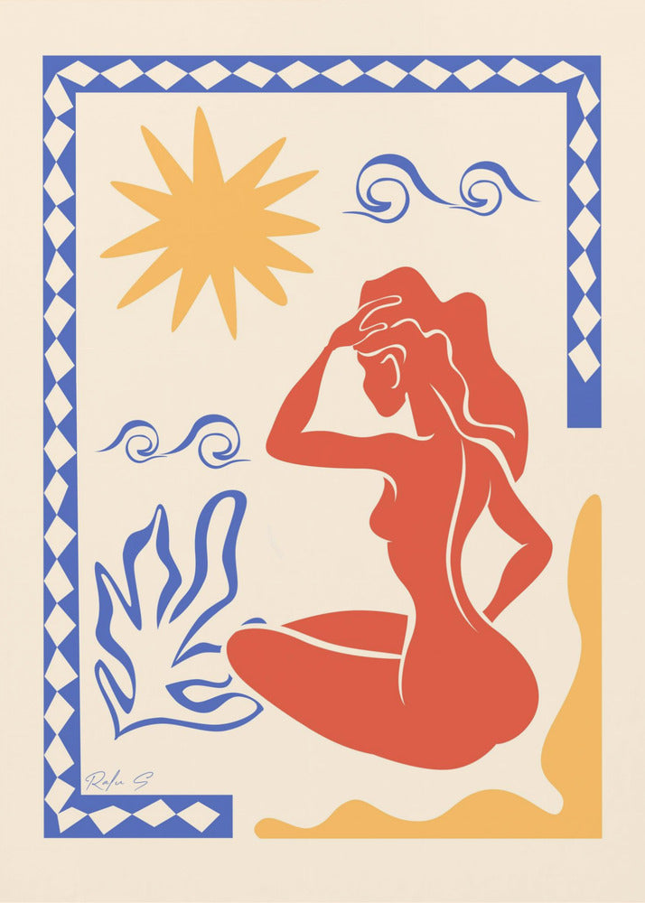 An abstract art print in the style of Matisse featuring a seated red-orange silhouette of a woman gazing outwards. The scene includes a yellow sun, blue stylized waves and a plant on a cream background, all enclosed by a blue and white patterned border. Wall Art