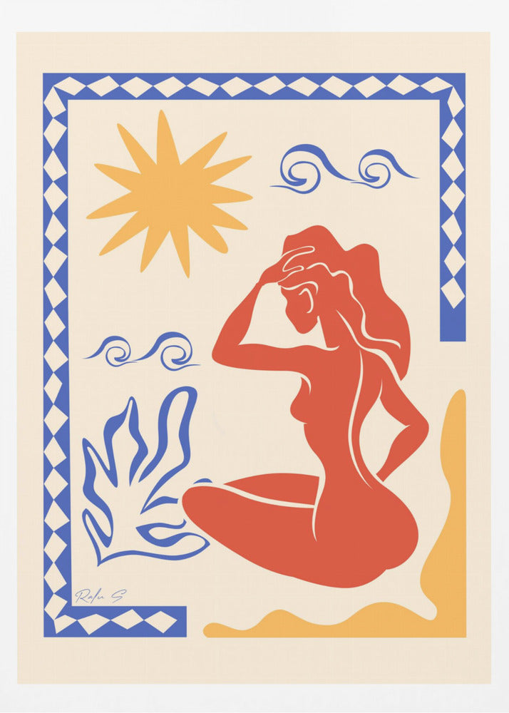An abstract art print in the style of Matisse featuring a seated red-orange silhouette of a woman gazing outwards. The scene includes a yellow sun, blue stylized waves and a plant on a cream background, all enclosed by a blue and white patterned border. Wall Art