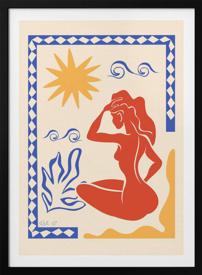 An abstract art print in the style of Matisse featuring a seated red-orange silhouette of a woman gazing outwards. The scene includes a yellow sun, blue stylized waves and a plant on a cream background, all enclosed by a blue and white patterned border. Wall Art