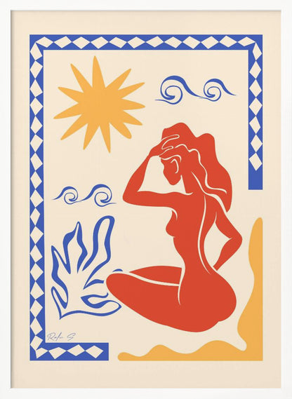 An abstract art print in the style of Matisse featuring a seated red-orange silhouette of a woman gazing outwards. The scene includes a yellow sun, blue stylized waves and a plant on a cream background, all enclosed by a blue and white patterned border. Wall Art