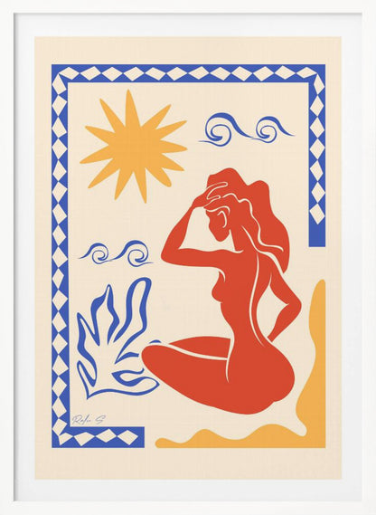 An abstract art print in the style of Matisse featuring a seated red-orange silhouette of a woman gazing outwards. The scene includes a yellow sun, blue stylized waves and a plant on a cream background, all enclosed by a blue and white patterned border. Wall Art