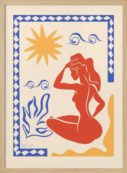 An abstract art print in the style of Matisse featuring a seated red-orange silhouette of a woman gazing outwards. The scene includes a yellow sun, blue stylized waves and a plant on a cream background, all enclosed by a blue and white patterned border. Wall Art