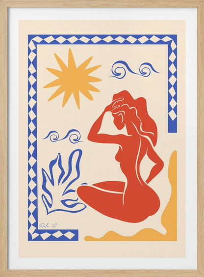 An abstract art print in the style of Matisse featuring a seated red-orange silhouette of a woman gazing outwards. The scene includes a yellow sun, blue stylized waves and a plant on a cream background, all enclosed by a blue and white patterned border. Wall Art