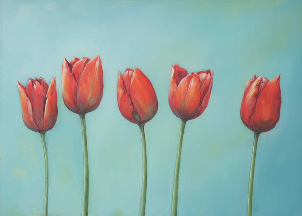 A painting of five vibrant red tulips in a row with long green stems, set against a solid light teal background and enclosed in a silver frame. Wall Art