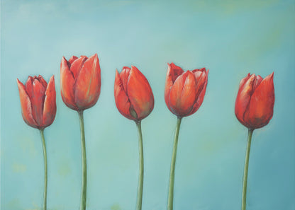 A painting of five vibrant red tulips in a row with long green stems, set against a solid light teal background and enclosed in a silver frame. Wall Art