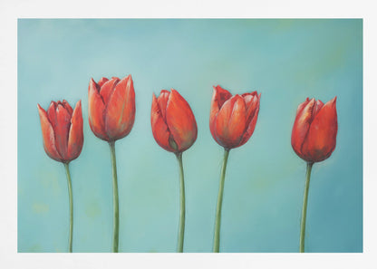 A painting of five vibrant red tulips in a row with long green stems, set against a solid light teal background and enclosed in a silver frame. Wall Art