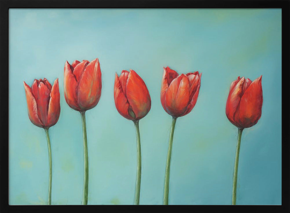 A painting of five vibrant red tulips in a row with long green stems, set against a solid light teal background and enclosed in a silver frame. Wall Art
