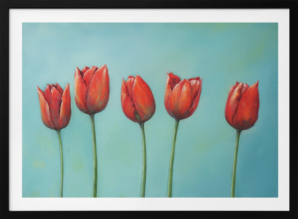A painting of five vibrant red tulips in a row with long green stems, set against a solid light teal background and enclosed in a silver frame. Wall Art
