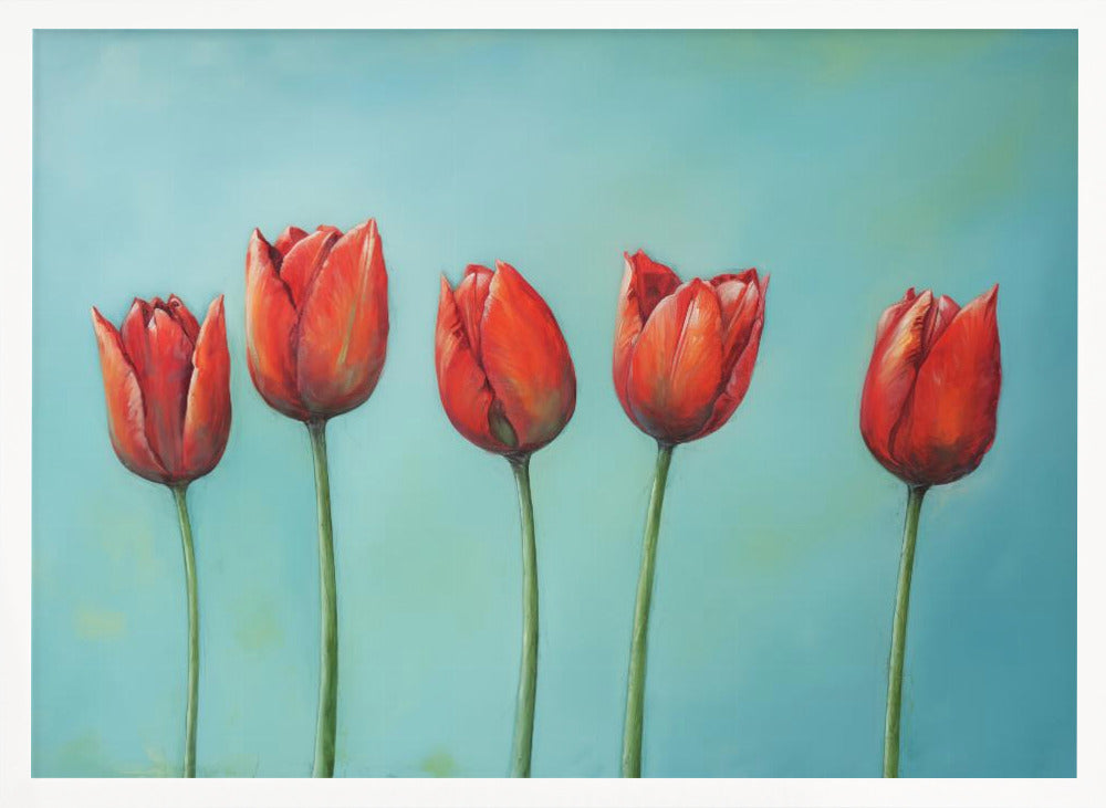 A painting of five vibrant red tulips in a row with long green stems, set against a solid light teal background and enclosed in a silver frame. Wall Art