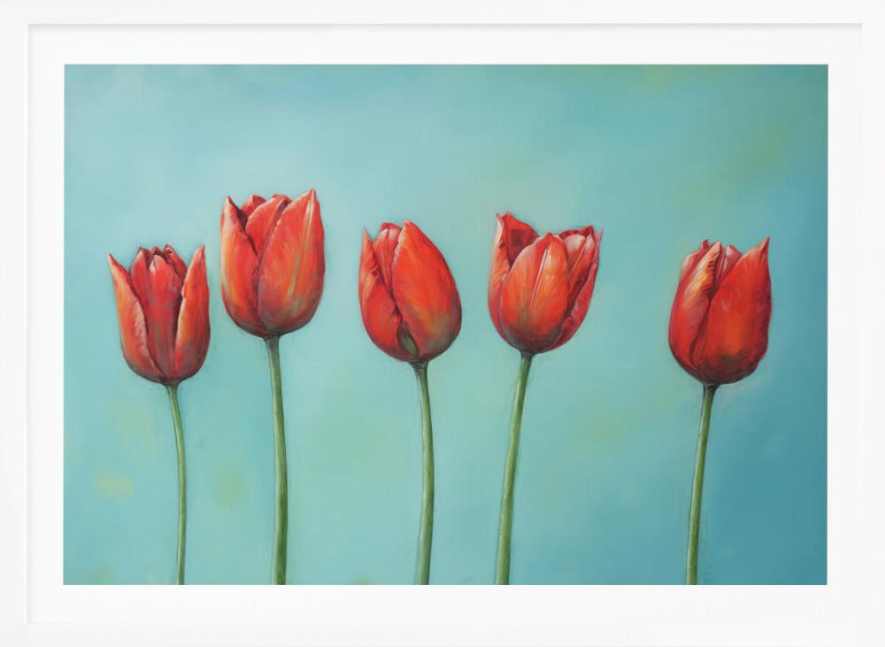A painting of five vibrant red tulips in a row with long green stems, set against a solid light teal background and enclosed in a silver frame. Wall Art
