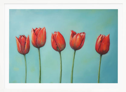 A painting of five vibrant red tulips in a row with long green stems, set against a solid light teal background and enclosed in a silver frame. Wall Art