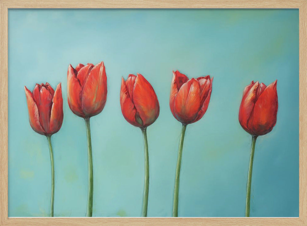 A painting of five vibrant red tulips in a row with long green stems, set against a solid light teal background and enclosed in a silver frame. Wall Art