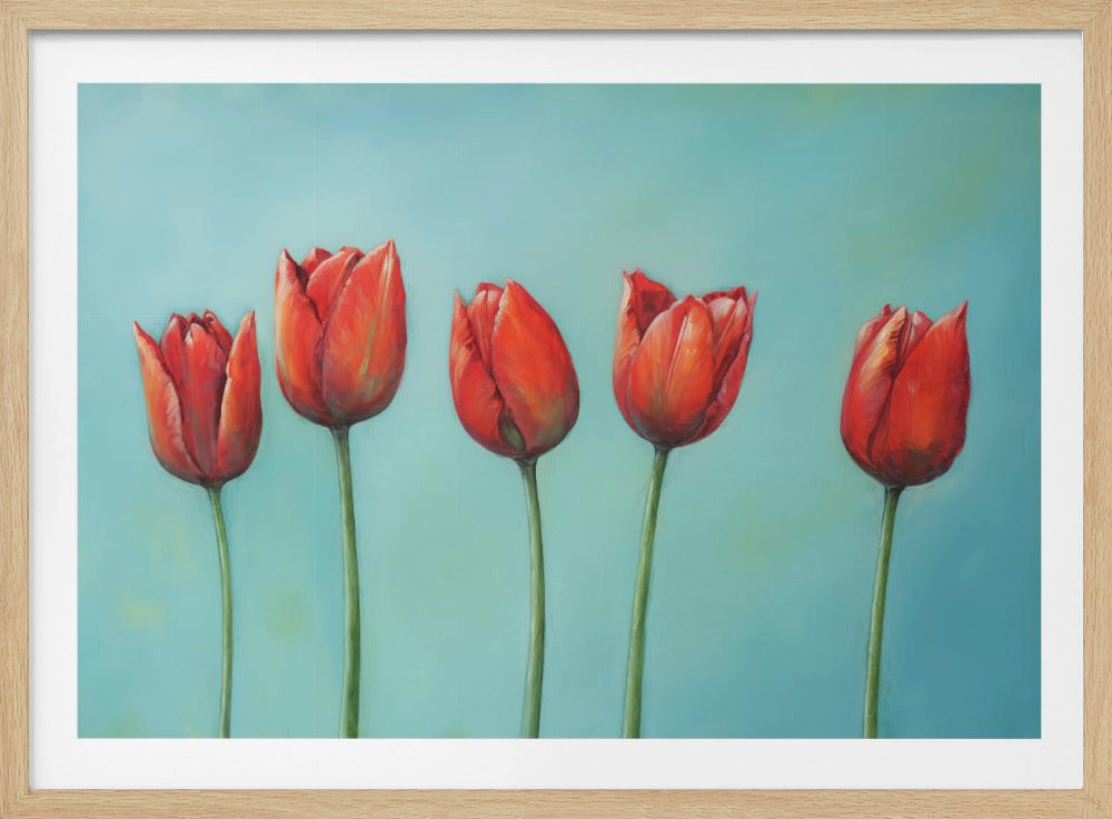 A painting of five vibrant red tulips in a row with long green stems, set against a solid light teal background and enclosed in a silver frame. Wall Art