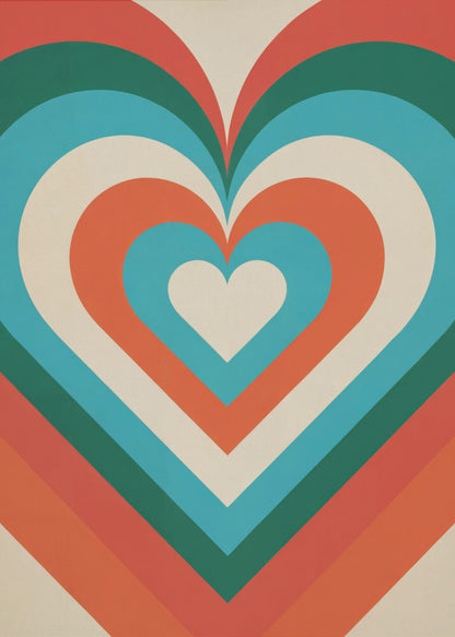 A retro-style graphic art piece featuring a large, centered heart made of concentric layers of orange, green, blue, and cream, creating a hypnotic, repeating pattern. The artwork is presented in a simple black frame. Artwork