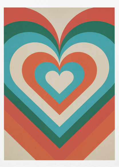 A retro-style graphic art piece featuring a large, centered heart made of concentric layers of orange, green, blue, and cream, creating a hypnotic, repeating pattern. The artwork is presented in a simple black frame. Artwork