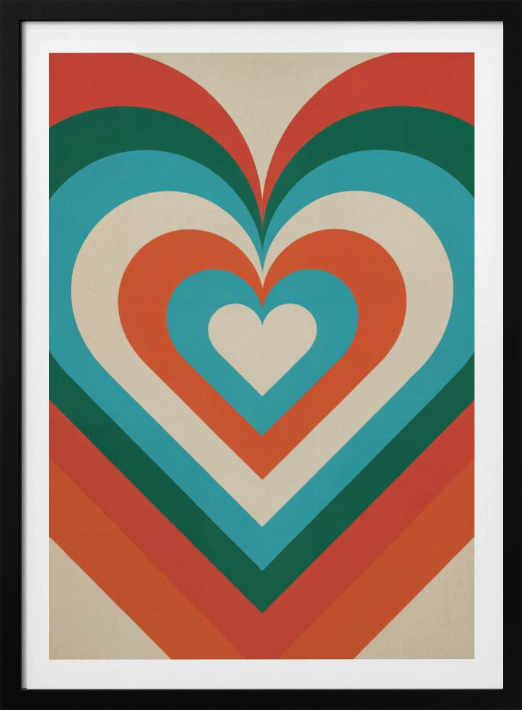 A retro-style graphic art piece featuring a large, centered heart made of concentric layers of orange, green, blue, and cream, creating a hypnotic, repeating pattern. The artwork is presented in a simple black frame. Artwork