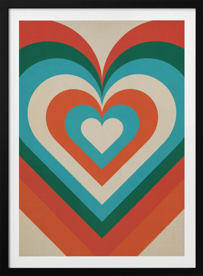 A retro-style graphic art piece featuring a large, centered heart made of concentric layers of orange, green, blue, and cream, creating a hypnotic, repeating pattern. The artwork is presented in a simple black frame. Artwork