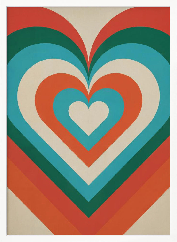 A retro-style graphic art piece featuring a large, centered heart made of concentric layers of orange, green, blue, and cream, creating a hypnotic, repeating pattern. The artwork is presented in a simple black frame. Artwork