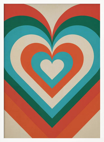 A retro-style graphic art piece featuring a large, centered heart made of concentric layers of orange, green, blue, and cream, creating a hypnotic, repeating pattern. The artwork is presented in a simple black frame. Artwork