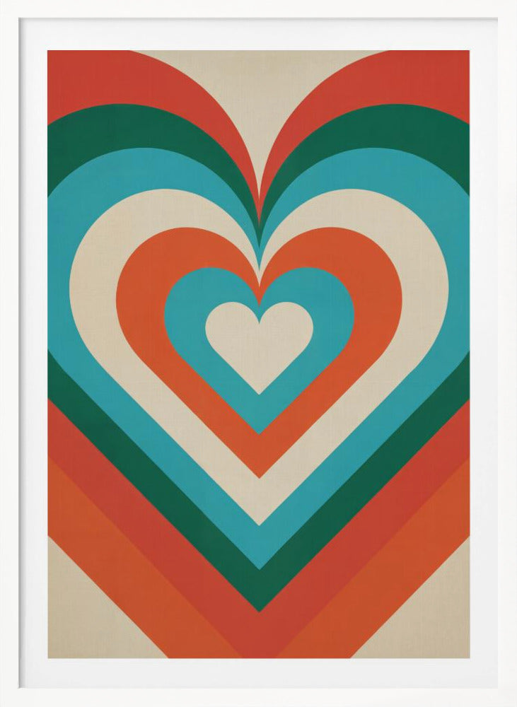 A retro-style graphic art piece featuring a large, centered heart made of concentric layers of orange, green, blue, and cream, creating a hypnotic, repeating pattern. The artwork is presented in a simple black frame. Artwork