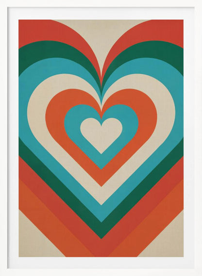 A retro-style graphic art piece featuring a large, centered heart made of concentric layers of orange, green, blue, and cream, creating a hypnotic, repeating pattern. The artwork is presented in a simple black frame. Artwork