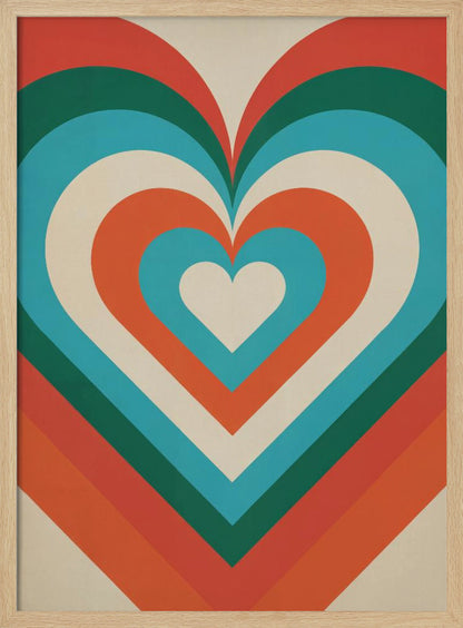 A retro-style graphic art piece featuring a large, centered heart made of concentric layers of orange, green, blue, and cream, creating a hypnotic, repeating pattern. The artwork is presented in a simple black frame. Artwork
