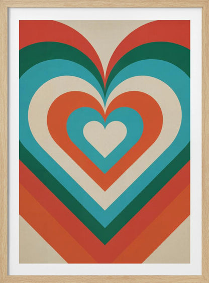 A retro-style graphic art piece featuring a large, centered heart made of concentric layers of orange, green, blue, and cream, creating a hypnotic, repeating pattern. The artwork is presented in a simple black frame. Artwork