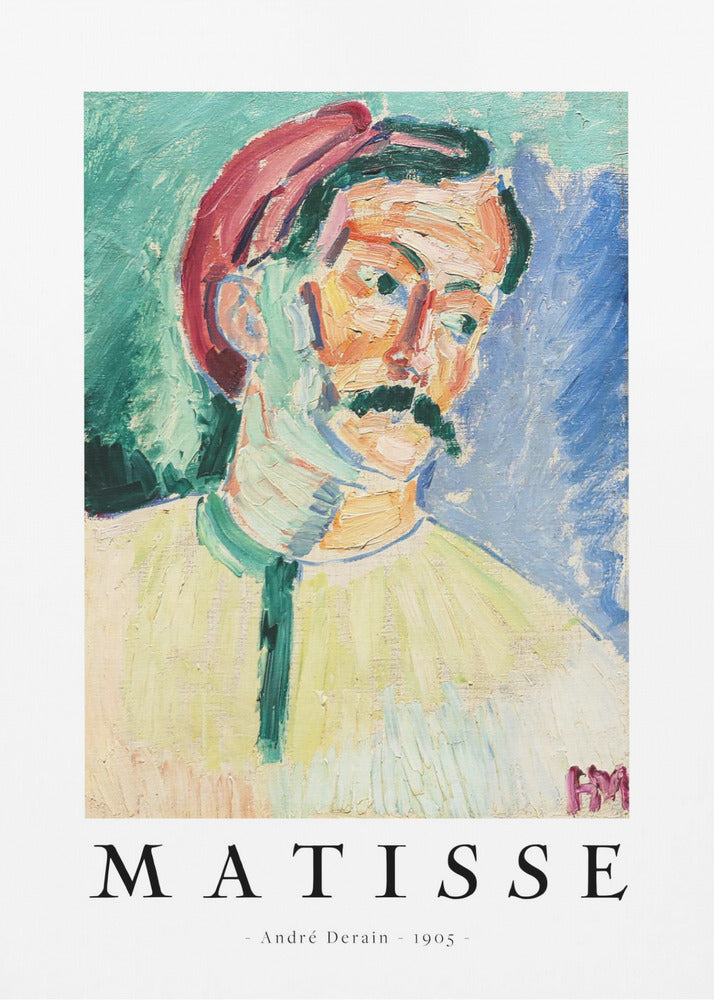 A framed art poster of André Derain's 1905 painting, 'Portrait of Matisse.' The Fauvist-style portrait features a man with a mustache and a red hat, painted with bold, non-naturalistic colors against a green and blue background. Below the artwork, the word 'MATISSE' is printed in large letters, with ' - André Derain - 1905 - ' underneath. Poster