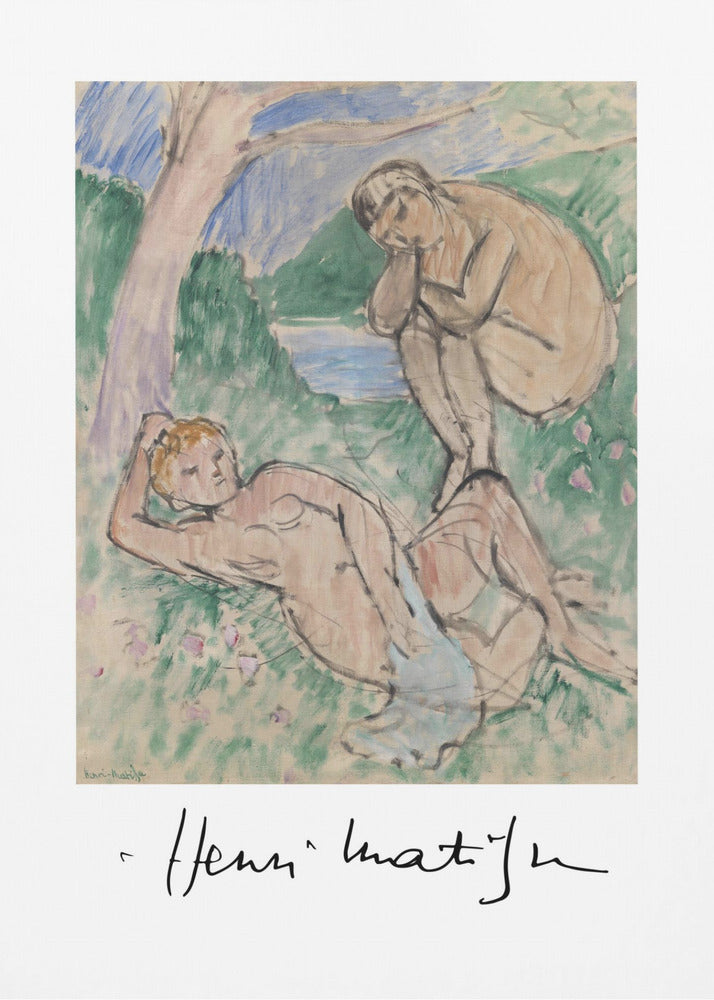 A framed art print of a painting by Henri Matisse featuring two nude figures in a pastoral landscape. One figure reclines in the grassy foreground while another sits by the water in the background. The style is loose and painterly, and the artist's signature is visible below the image on the white mat. Wall Art