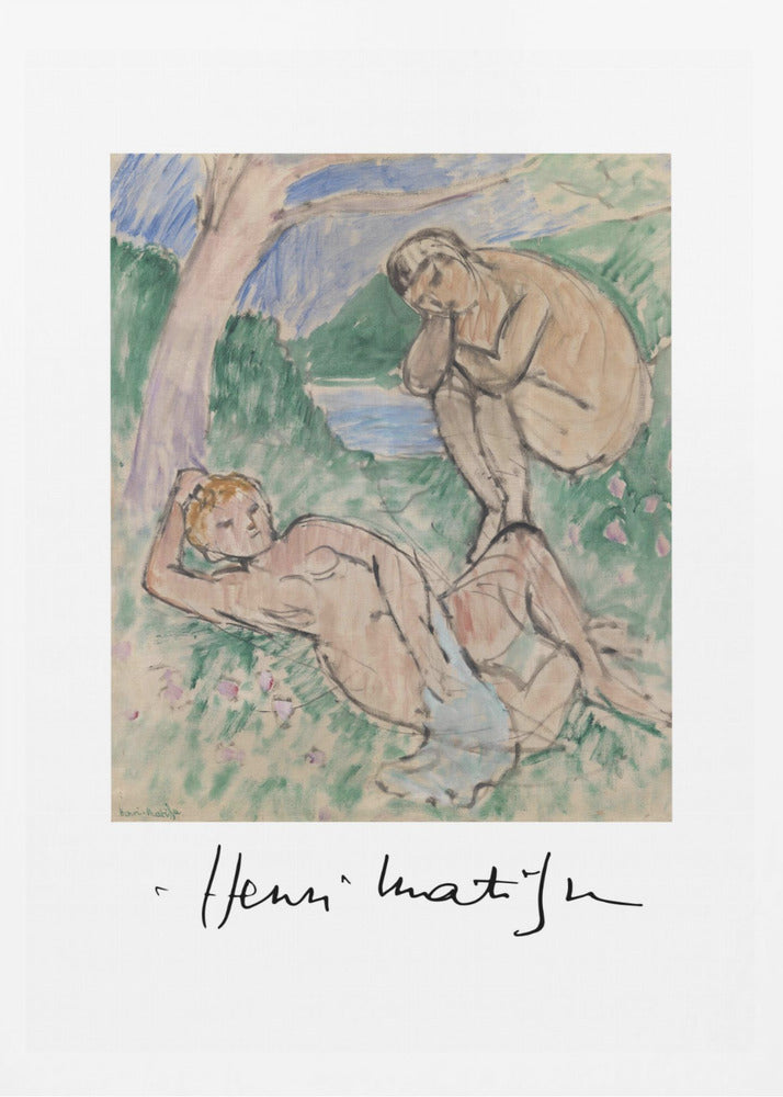 A framed art print of a painting by Henri Matisse featuring two nude figures in a pastoral landscape. One figure reclines in the grassy foreground while another sits by the water in the background. The style is loose and painterly, and the artist's signature is visible below the image on the white mat. Wall Art