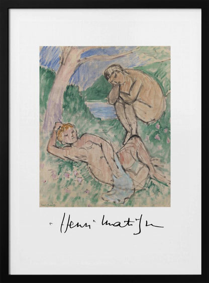 A framed art print of a painting by Henri Matisse featuring two nude figures in a pastoral landscape. One figure reclines in the grassy foreground while another sits by the water in the background. The style is loose and painterly, and the artist's signature is visible below the image on the white mat. Wall Art
