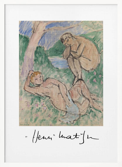 A framed art print of a painting by Henri Matisse featuring two nude figures in a pastoral landscape. One figure reclines in the grassy foreground while another sits by the water in the background. The style is loose and painterly, and the artist's signature is visible below the image on the white mat. Wall Art