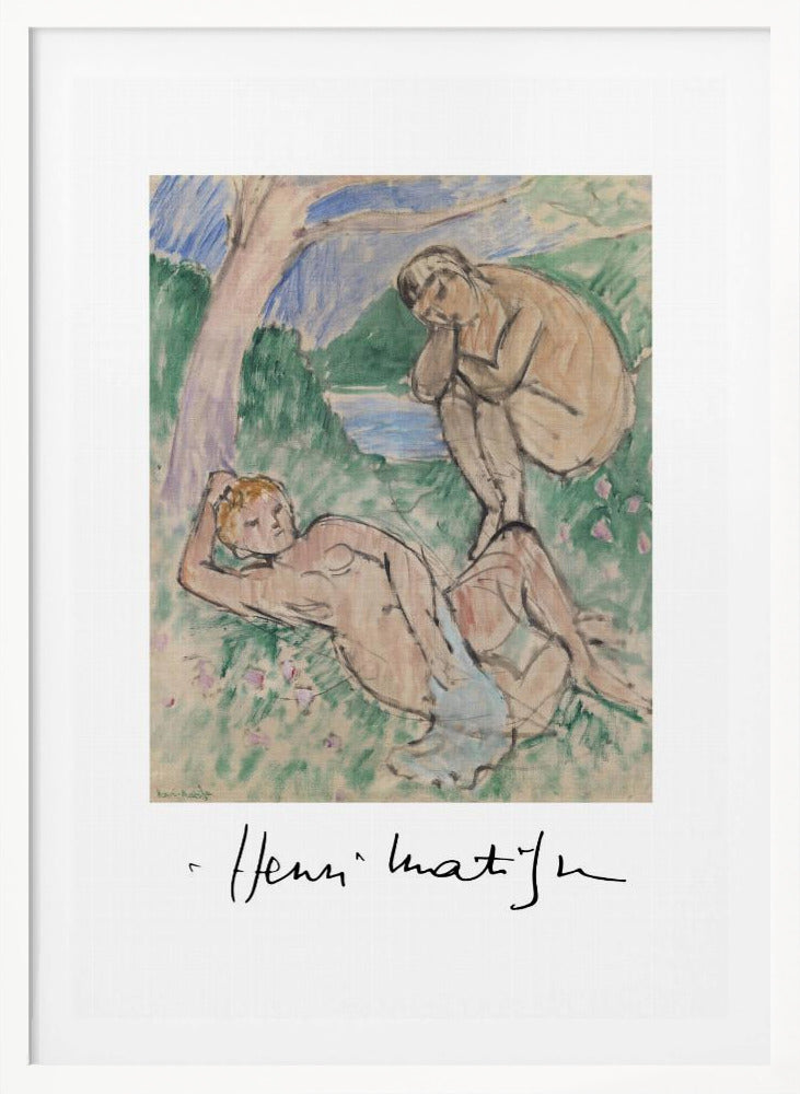 A framed art print of a painting by Henri Matisse featuring two nude figures in a pastoral landscape. One figure reclines in the grassy foreground while another sits by the water in the background. The style is loose and painterly, and the artist's signature is visible below the image on the white mat. Wall Art