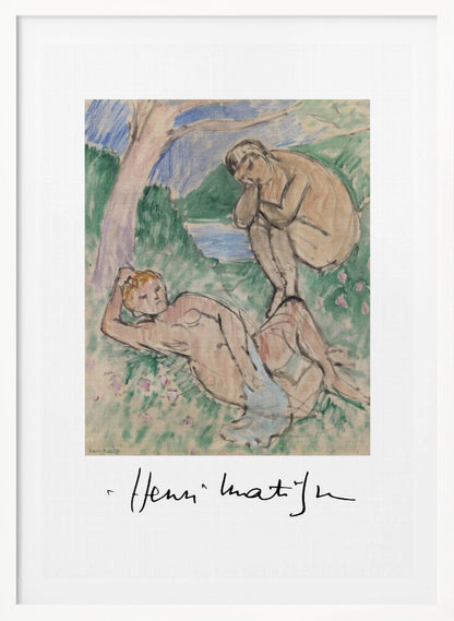 A framed art print of a painting by Henri Matisse featuring two nude figures in a pastoral landscape. One figure reclines in the grassy foreground while another sits by the water in the background. The style is loose and painterly, and the artist's signature is visible below the image on the white mat. Wall Art
