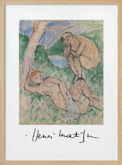 A framed art print of a painting by Henri Matisse featuring two nude figures in a pastoral landscape. One figure reclines in the grassy foreground while another sits by the water in the background. The style is loose and painterly, and the artist's signature is visible below the image on the white mat. Wall Art