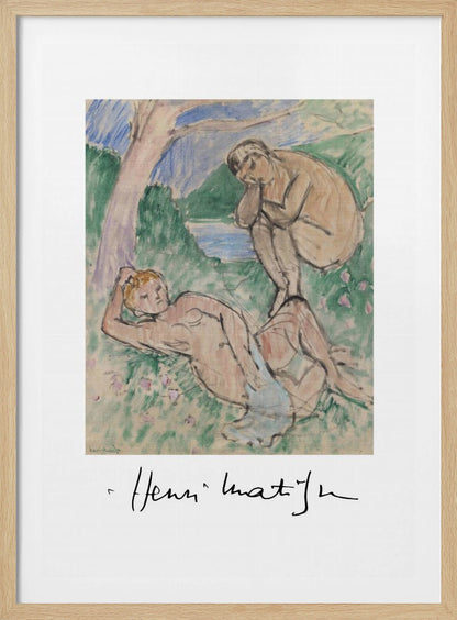 A framed art print of a painting by Henri Matisse featuring two nude figures in a pastoral landscape. One figure reclines in the grassy foreground while another sits by the water in the background. The style is loose and painterly, and the artist's signature is visible below the image on the white mat. Wall Art