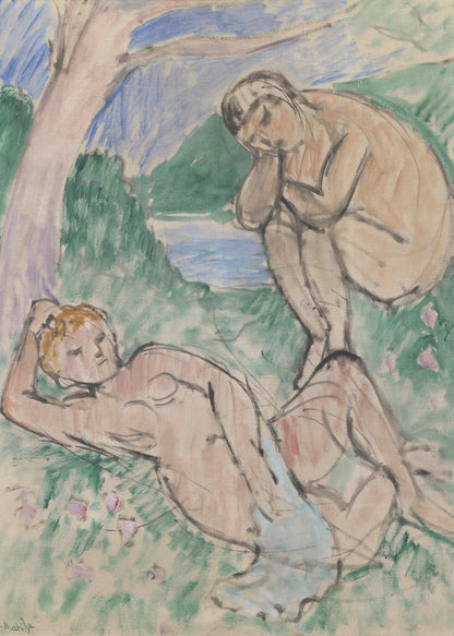 A Fauvist painting by Henri Matisse featuring two nude figures in an idyllic landscape. One figure reclines on a green, flower-dotted lawn in the foreground, while another sits pensively in the background near a body of water with hills beyond, all rendered in loose, expressive brushstrokes. Decor