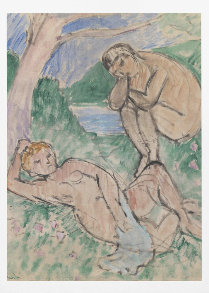 A Fauvist painting by Henri Matisse featuring two nude figures in an idyllic landscape. One figure reclines on a green, flower-dotted lawn in the foreground, while another sits pensively in the background near a body of water with hills beyond, all rendered in loose, expressive brushstrokes. Decor