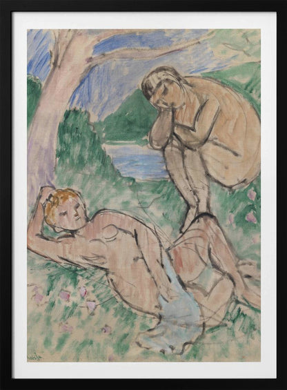 A Fauvist painting by Henri Matisse featuring two nude figures in an idyllic landscape. One figure reclines on a green, flower-dotted lawn in the foreground, while another sits pensively in the background near a body of water with hills beyond, all rendered in loose, expressive brushstrokes. Decor