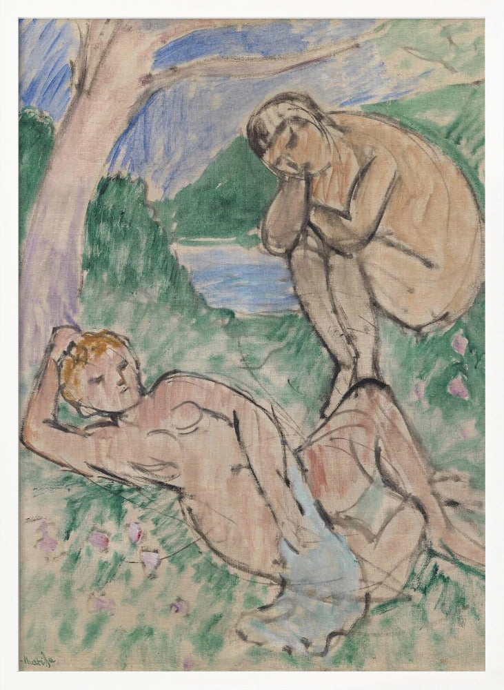 A Fauvist painting by Henri Matisse featuring two nude figures in an idyllic landscape. One figure reclines on a green, flower-dotted lawn in the foreground, while another sits pensively in the background near a body of water with hills beyond, all rendered in loose, expressive brushstrokes. Decor