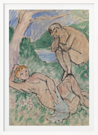 A Fauvist painting by Henri Matisse featuring two nude figures in an idyllic landscape. One figure reclines on a green, flower-dotted lawn in the foreground, while another sits pensively in the background near a body of water with hills beyond, all rendered in loose, expressive brushstrokes. Decor