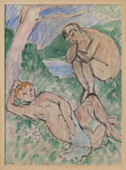 A Fauvist painting by Henri Matisse featuring two nude figures in an idyllic landscape. One figure reclines on a green, flower-dotted lawn in the foreground, while another sits pensively in the background near a body of water with hills beyond, all rendered in loose, expressive brushstrokes. Decor