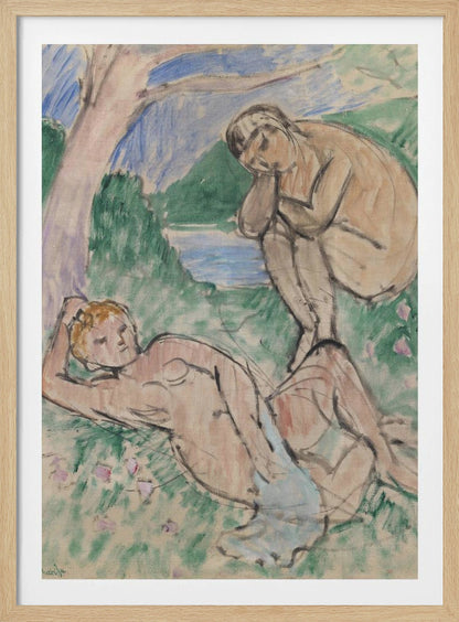 A Fauvist painting by Henri Matisse featuring two nude figures in an idyllic landscape. One figure reclines on a green, flower-dotted lawn in the foreground, while another sits pensively in the background near a body of water with hills beyond, all rendered in loose, expressive brushstrokes. Decor